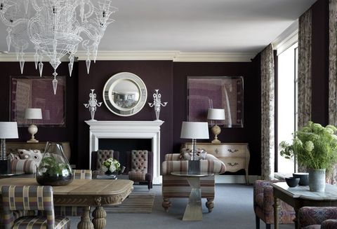 Living room, Room, Interior design, Furniture, Property, Purple, House, Home, Table, Building, 
