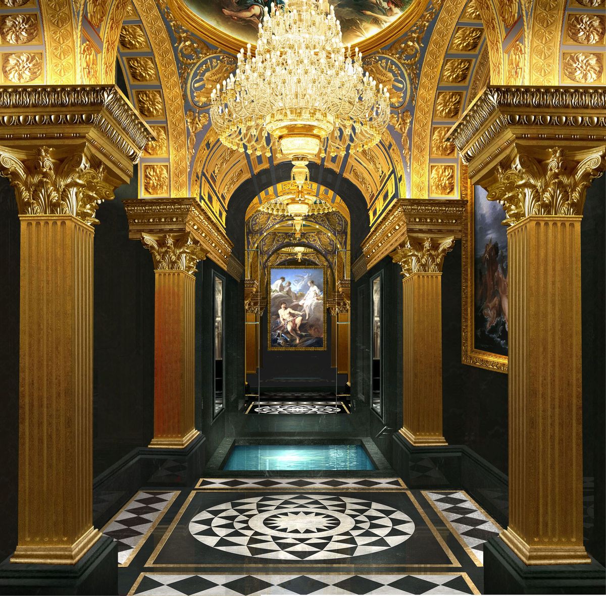 Interior design, Ceiling, Hall, Palace, Light fixture, Metal, Symmetry, Carpet, Chandelier, Molding, 