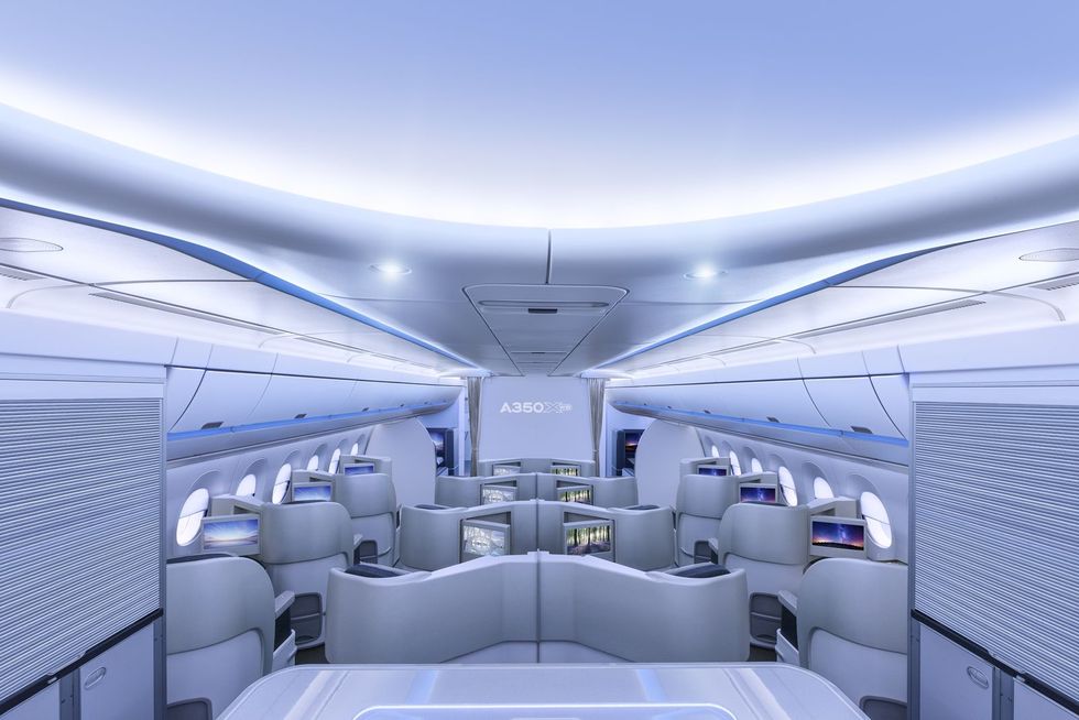 Blue, Transport, Air travel, Interior design, Airline, Aircraft cabin, Service, Ceiling, Airliner, Aerospace engineering, 