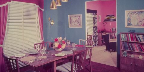 Pink, Room, Property, Interior design, Furniture, Purple, Magenta, House, Dining room, Table, 