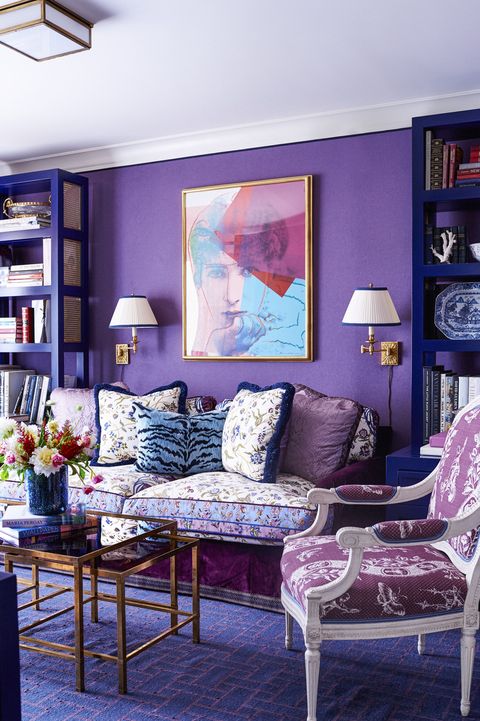 Living room, Room, Blue, Purple, Furniture, Interior design, Violet, Property, Couch, Building, 