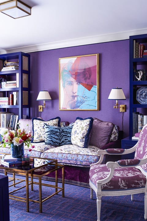 Living room, Room, Blue, Purple, Furniture, Interior design, Violet, Property, Couch, Building, 