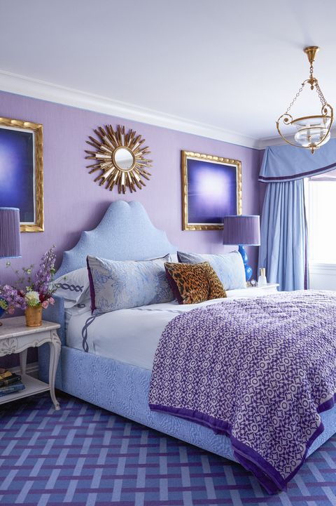 Bedroom, Bed, Furniture, Blue, Bed sheet, Room, Purple, Violet, Interior design, Bedding, 