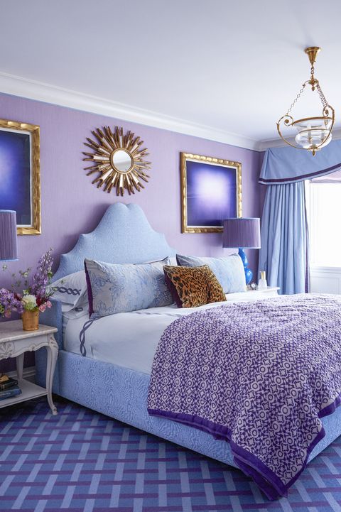 Bedroom, Bed, Furniture, Blue, Bed sheet, Room, Purple, Violet, Interior design, Bedding, 