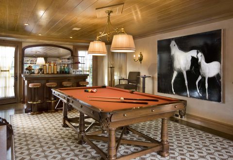 Billiard table, Pool, Wood, Lighting, Indoor games and sports, Room, Billiard room, Interior design, Recreation room, Hardwood, 