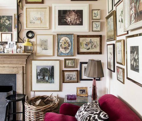 living room, room, interior design, furniture, wall, picture frame, home, purple, black and white, table,