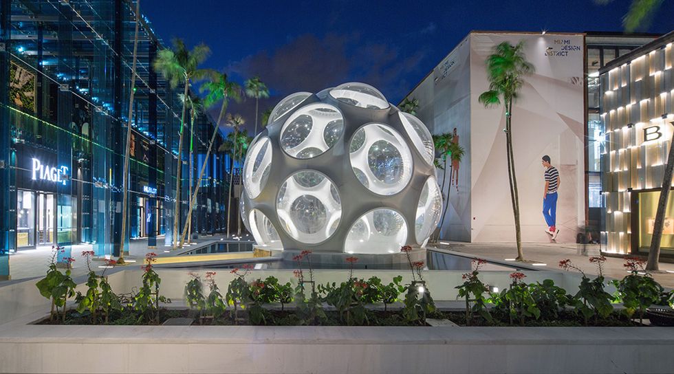 Art, Commercial building, Sculpture, Palm tree, Sphere, 