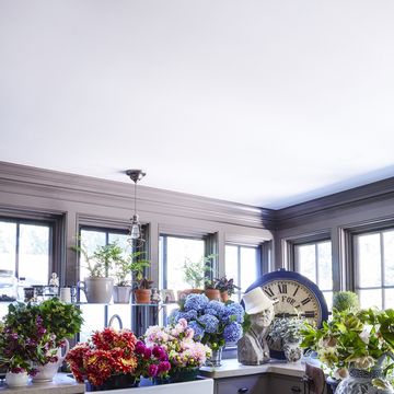 room with sink full of flowers, an oversized vintage clock, big windows, and a gray color palette