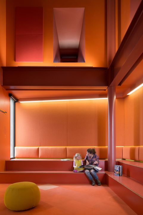 Lighting, Yellow, Interior design, Orange, Red, Comfort, Amber, Floor, Ceiling, Flooring, 