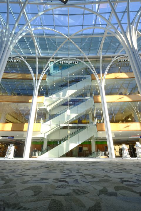 Glass, Commercial building, Engineering, Daylighting, Headquarters, Convention center, Steel, Building material, Lobby, Tile, 