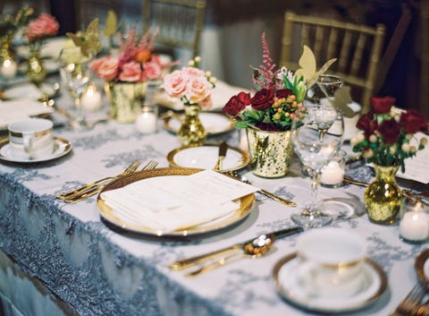 50 Prettiest Wedding Tables Tablescape Ideas This Tablescape Brings A Bit Of Shine To Traditional Fall Decor With Glimmering Gold Vases Gilded Flatware And Beaded Tablecloth Via Wedding Sparrow