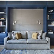 Blue, Room, Wood, Interior design, Shelf, Living room, Wall, Furniture, Shelving, Couch, 