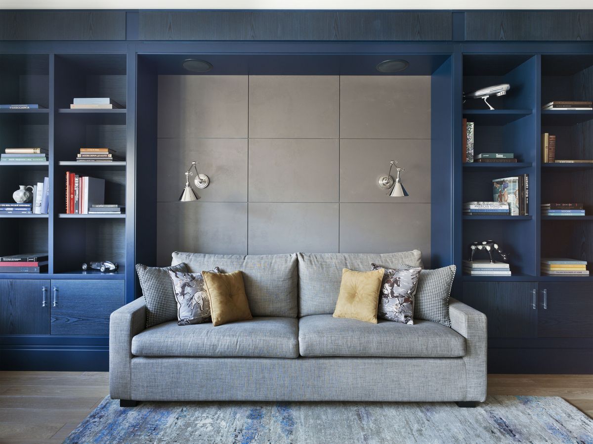 Blue, Room, Wood, Interior design, Shelf, Living room, Wall, Furniture, Shelving, Couch, 
