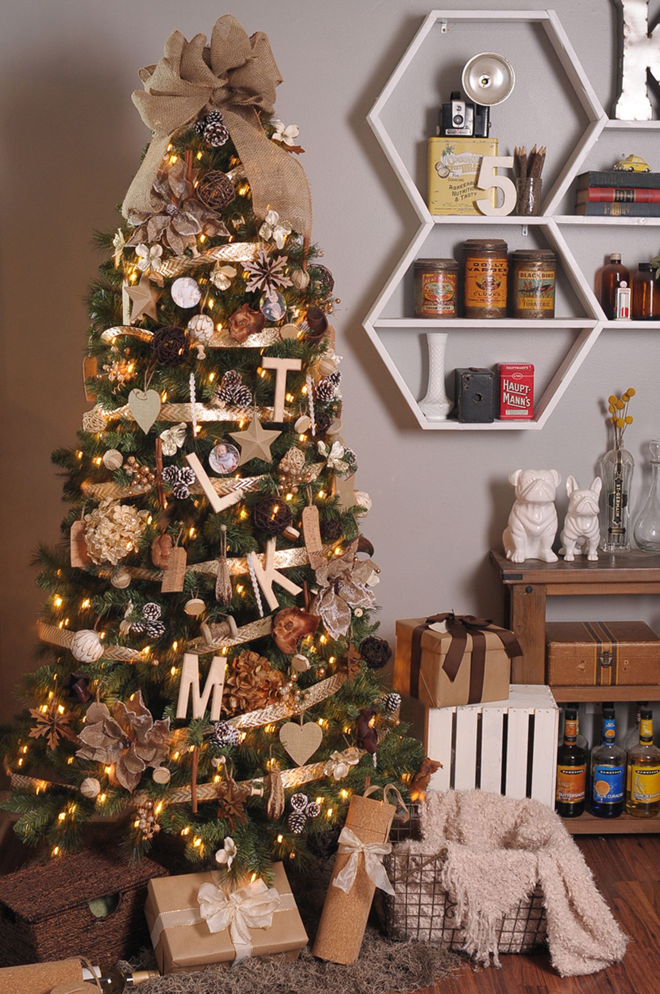 decorated christmas trees with gold ribbon