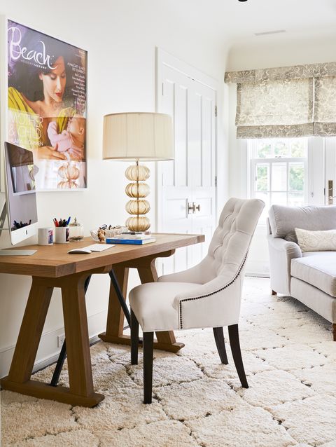 A silken wool Moroccan rug from ABC Carpet & Home anchors Hilaria's office, which is also outfitted with a mohair chaise from Holland & Sherry and a desk by Christian Liaigre.