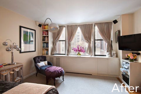 Before After A Cramped Studio Gets Ious New Look She Then Added Personal Touches Like Surround Sound Speakers And An Adjule Wall Mount For The Tv To Make E Really Work Owner