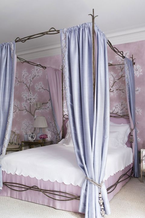 Canopy bed, Curtain, Furniture, Room, Lavender, Bed, Purple, Interior design, Bed frame, Bedroom, 