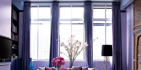 Living room, Room, Furniture, Interior design, Purple, Building, Couch, Property, Home, Curtain, 
