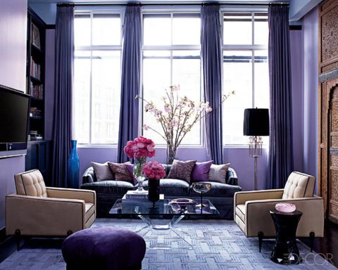 Living room, Room, Furniture, Interior design, Purple, Building, Couch, Property, Home, Curtain, 