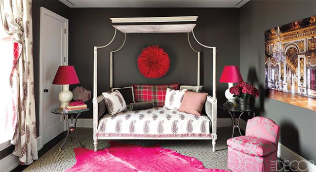 Gray and Black Canopy Bed with Burnt Orange velvet Lumbar Pillow -  Transitional - Bedroom