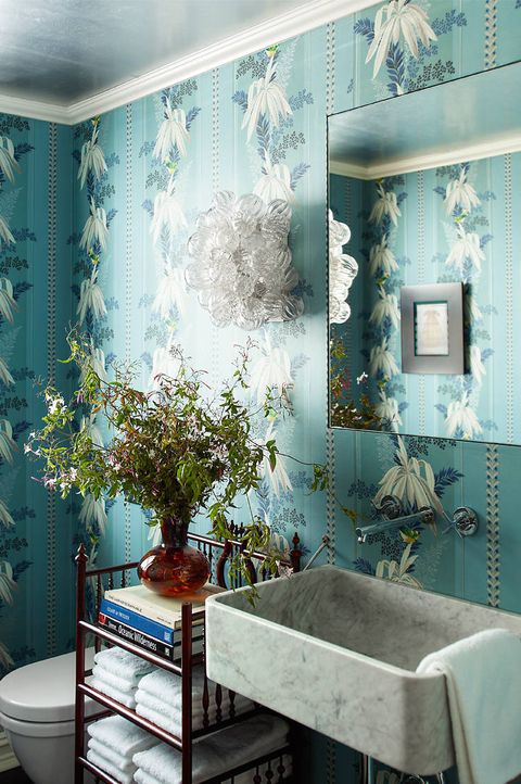 Room, Blue, Interior design, Wallpaper, Green, Bathroom, Turquoise, Property, Wall, Ceiling, 