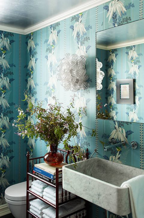 Room, Blue, Interior design, Wallpaper, Green, Bathroom, Turquoise, Property, Wall, Ceiling, 