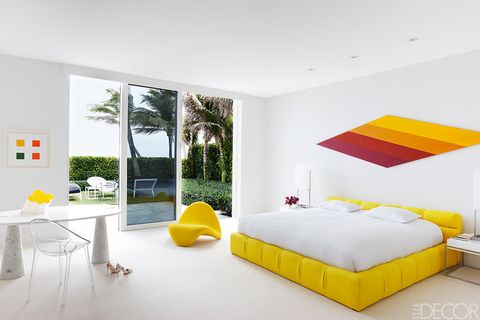 Room, Yellow, Interior design, Wall, Floor, Textile, Bed, Furniture, Ceiling, Bedding, 