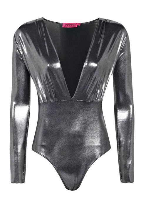 Boohoo Rhiannon Deep Plunge Metallic Long Sleeve Bodysuit, $20; <a href="http://www.boohoo.com/tops/rhiannon-deep-plunge-metallic-long-sleeve-bodysuit/invt/azz25215">boohoo.com</a>

&nbsp;