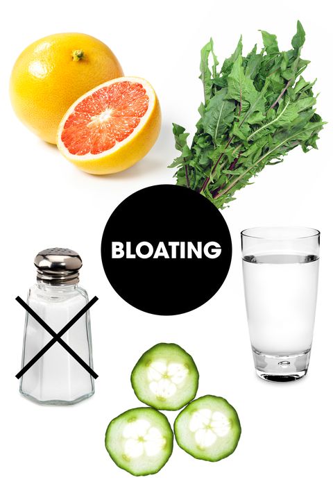 Retention is usually exacerbated by dehydration, since your body then tries to hold on to what little water content it has. The best way to combat this in addition to chugging as much H2O as possible is to fill up on fruits and veggies with a high water and fiber content. <a target="_blank" href="http://foodcoachnyc.com/">Nutritionist Dana James, MS, CNS, CDN</a> recommends cucumbers, "they're loaded with potassium and this acts as a natural diuretic to decrease bloating and swelling," she says. She also recommends citrus fruits like grapefruit and lemon. <a target="_blank" href="http://nutritiouslife.com/">Keri Glassman, MS, RD, CDN</a> also touts dandelion greens, which also act as a natural diuretic. Finally, keep salt intake to a minimum.