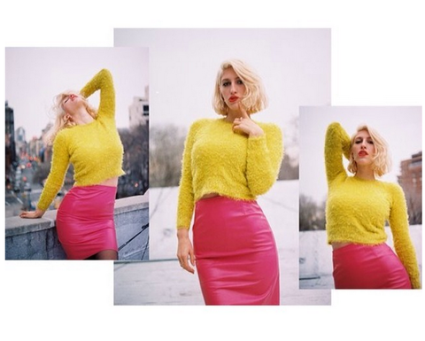 Clothing, Yellow, Dress, Fashion, Orange, Pink, Crop top, Pencil skirt, Neck, Shoulder, 