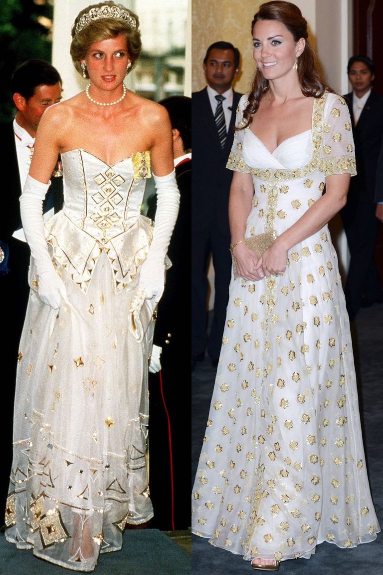 Diana in a dress by the Emanuels at a dinner at the German Embassy in London in 1986; Kate at an official dinner hosted by Malaysia's head of state in Kuala Lumpur during the Diamond Jubilee Tour in September 2012.