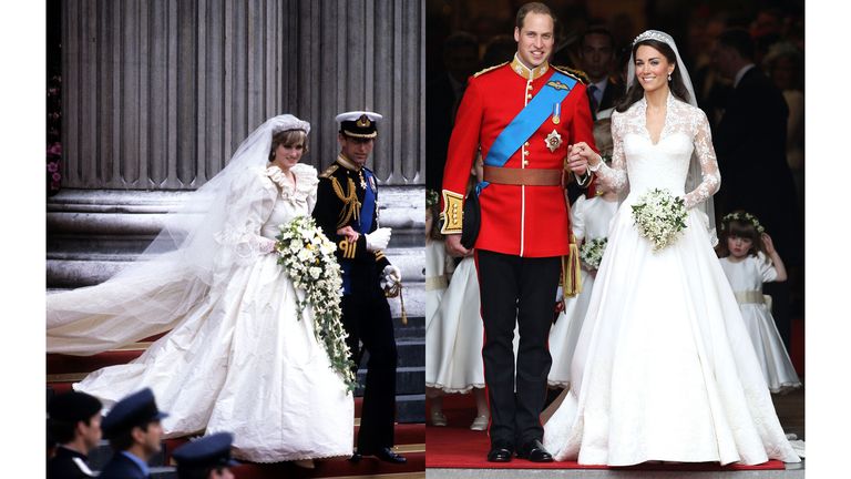 Diana at her wedding to Prince Charles in 1981; Kate at her wedding to Prince William in 2011.