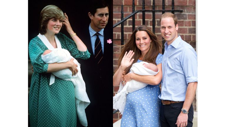 Diana and Charles present William on the day after his birth in 1982; Kate and William with Prince George on the day after his birth, 2013.