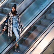 Jacket, Style, Denim, Bag, Street fashion, Escalator, Luggage and bags, Parallel, Stairs, Fashion model, 