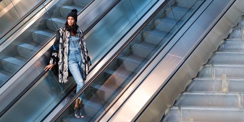 Jacket, Style, Denim, Bag, Street fashion, Escalator, Luggage and bags, Parallel, Stairs, Fashion model, 