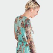 Sleeve, Shoulder, Joint, Dress, Pattern, Style, Elbow, One-piece garment, Teal, Day dress, 