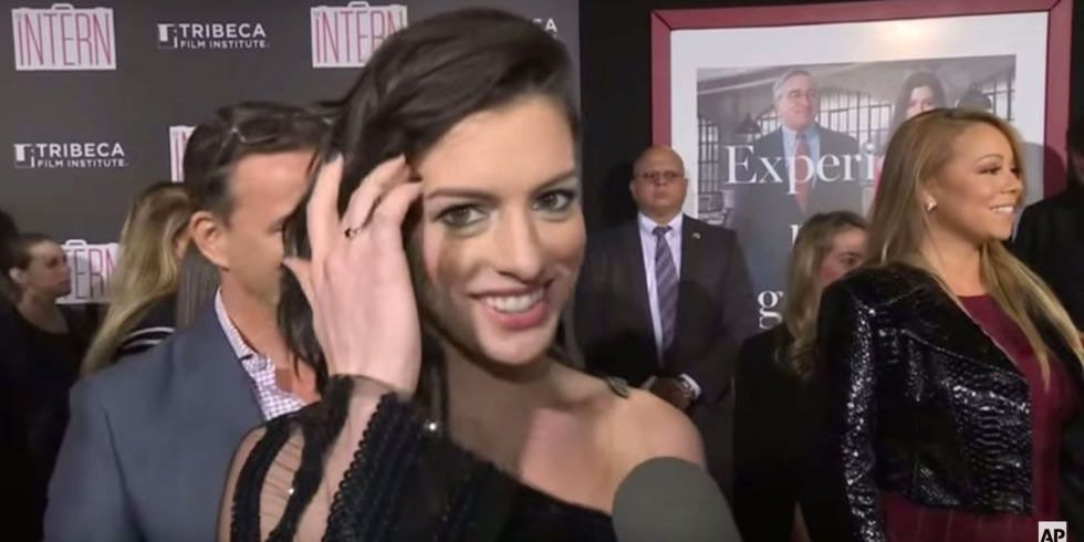 2. Anne Hathaway caught up with Mariah Carey at a premiere for her film "The Intern." She mentioned she was a big fan of Mariah and listened to "We Belong Together" in the car heading over.