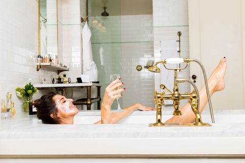 <p>"Always take a moment to chill in a bath with a mask and a glass of champagne!" </p>