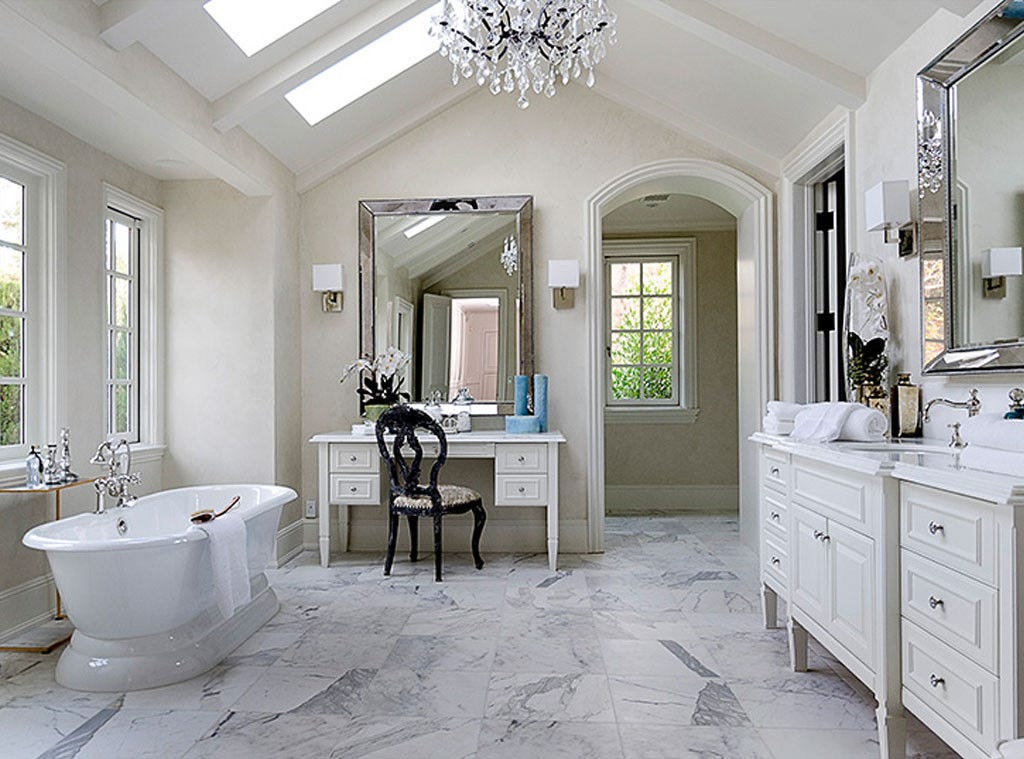 Kim Kardashian luxury white bathroom Kim Kardashian's #luxuriousbathroom in Hidden Hills: Interior Design: Kim Kardashian & Kanye West's French Country Home