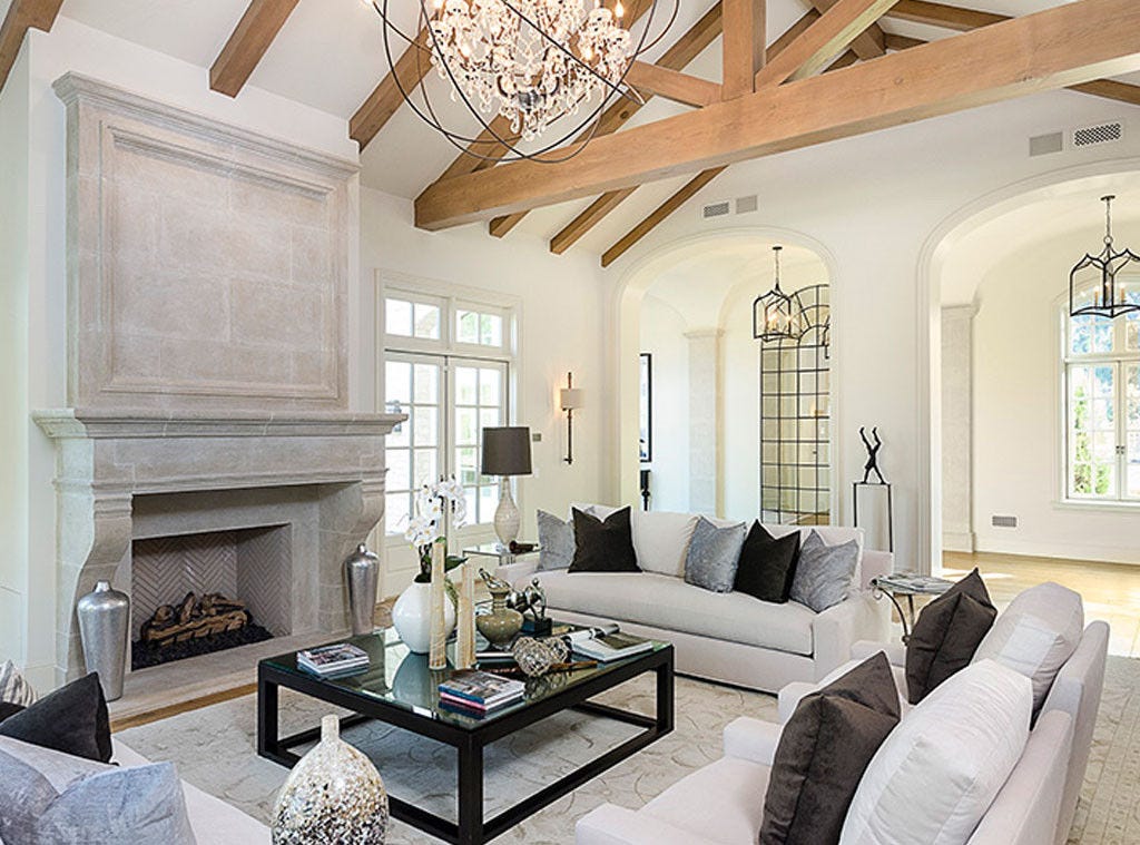 Interior Design: Kim Kardashian & Kanye West's French Country Home Elegant French fireplace in great room of celebrity house #Kimye: Interior Design: Kim Kardashian & Kanye West's French Country Home