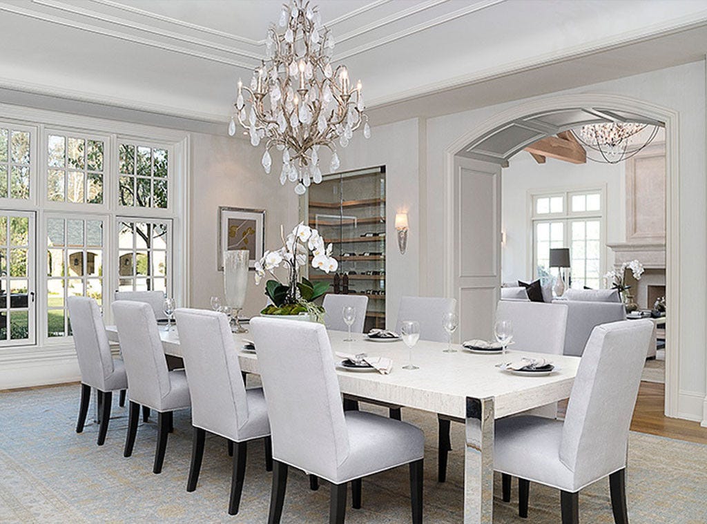 Interior Design: Kim Kardashian & Kanye West's French Country Home Elegant all-white dining room of #KimKardashian: Interior Design: Kim Kardashian & Kanye West's French Country Home