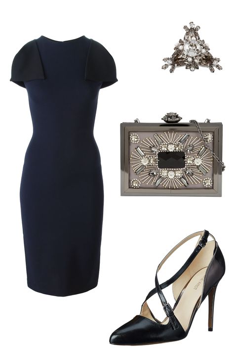 <p>A boss-lady sheath and pointy-toe pumps works for a boardroom presentation <em>and</em> a romantic dinner, plus champagne nightcap. </p><p>Christopher Kane Flap Sleeve Pencil Dress, $464; <a href="http://www.farfetch.com/shopping/women/christopher-kane-flap-sleeves-pencil-dress-item-11068087.aspx?storeid=9258&ffref=lp_pic_2_9_" target="_blank">farfetch.com</a><br></p><p>Givenchy Cocktail Ring, $765; <a href="http://www.net-a-porter.com/us/en/product/511260/givenchy/cocktail-ring-in-palladium-tone-brass--crystal-and-faux-pearl" target="_blank">net-a-porter.com</a></p><p>Aldo Windflower, $60; <a href="http://www.aldoshoes.com/us/en_US/handbags/clutches-%26-evening-bags/c/343/WINDFLOWER/p/44181253-12?position=4" target="_blank">aldoshoes.com</a></p><p>Nine West Earnest, $89; <a href="http://www.zappos.com/product/8713817/color/63144" target="_blank">zappos.com</a></p>