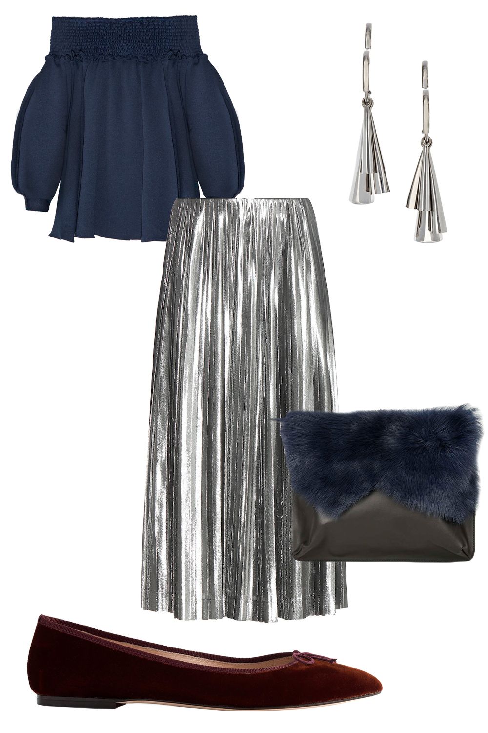grey metallic pleated skirt
