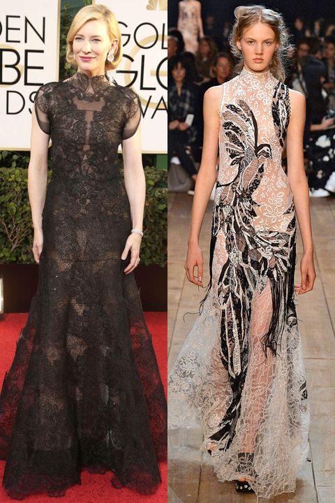 <p>Blanchett tends to wear black or white and hardly ever strays. While I'd love to see her wear lavender (like she did for the Oscars in 2011) or plum (Oscars 2008) I'm guessing she'll go with a beautiful black and nude Alexander McQueen number. </p><p><br></p>