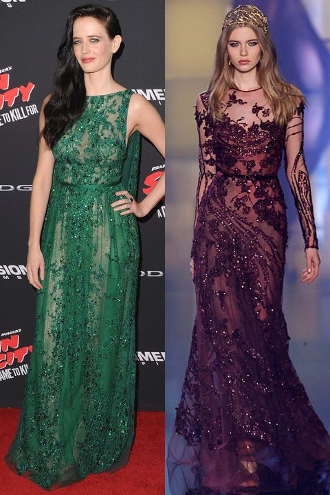 <p>The <em>Penny Dreadful</em> actress often takes to the red carpet in Elie Saab, in looks that remind me of raven-haired Old Hollywood stars. Since Green doesn't shy away from color on the red carpet, I predict she'll go with something like this aubergine dress from the brand.</p>