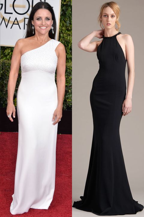 <p>It's a rare day when Julia Louis-Dryfus doesn't bust out the guns on the red carpet, so I predict she'll go with something with either one strap or sleeveless at the very least. The <em>Veep</em> actress is a big fan of Narciso Rodriguez and Monique Lhullier, so I anticipate she'll wear one of those designers. Perhaps this simple but lovely number by Lhullier will be her choice? </p><p><br></p>