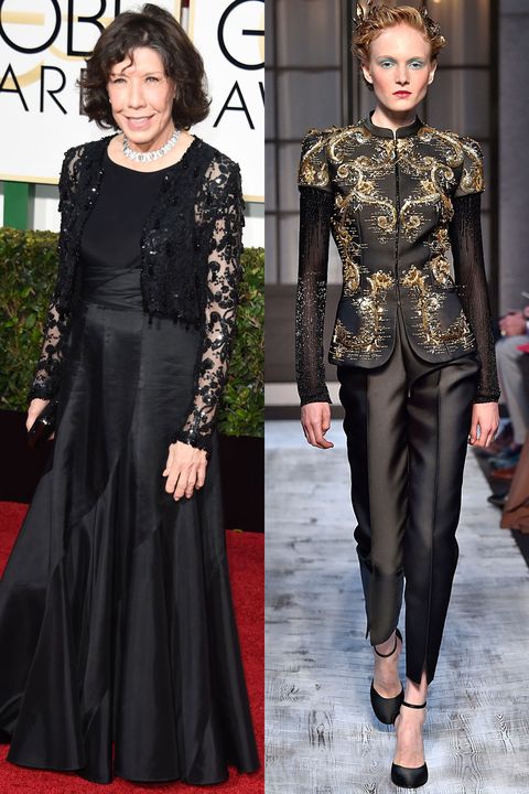 <p>The <em>Grandma</em> and <em>Grace and Frankie</em> star generally goes for head-to-toe black on the carpet, choosing silhouettes that cover both her legs and arms. Let's hope she goes with something like this stunning Schiaparelli jacket and pants set. </p>
