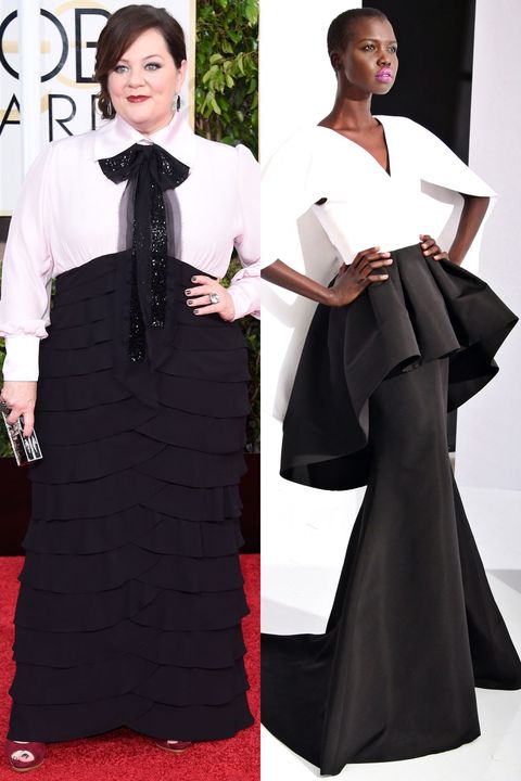 <p>Melissa McCarthy always works with a designer to create a custom dress for the red carpet, but with news dropping last summer that she's started her own line named Seven7, I wouldn't be surprised if she created something from scratch. She tends to go the long sleeve gown route on the carpet, so perhaps something inspired by this Christian Siriano look?</p>
