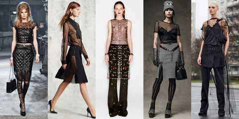 <p>The black, sheer top will be an evening standard next season. Chanel went rockabilly in lace and wiggle skirts while Givenchy took its familiar approach on boudoir romance in floor-length lace. </p><p><br></p><p><em>Left to Right: Chanel, Michael Kors, Alexander McQueen, Alexander Wang, Givenchy</em></p>
