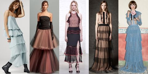 <p>The multi-layered skirt is about to become a mainstay in our closets. Gucci's ongoing style of decadent kitsch is pioneering the look in pastel and pleats, giving this trend lush texture. </p><p><em>Left to Right: Giorgio Armani, Oscar de la Renta, Jonathan Simkhai, No. 21, Gucci</em></p>